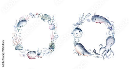 Set of different sea shells frames, corals and starfishes. Watercolor ocean background under the sea illustration
