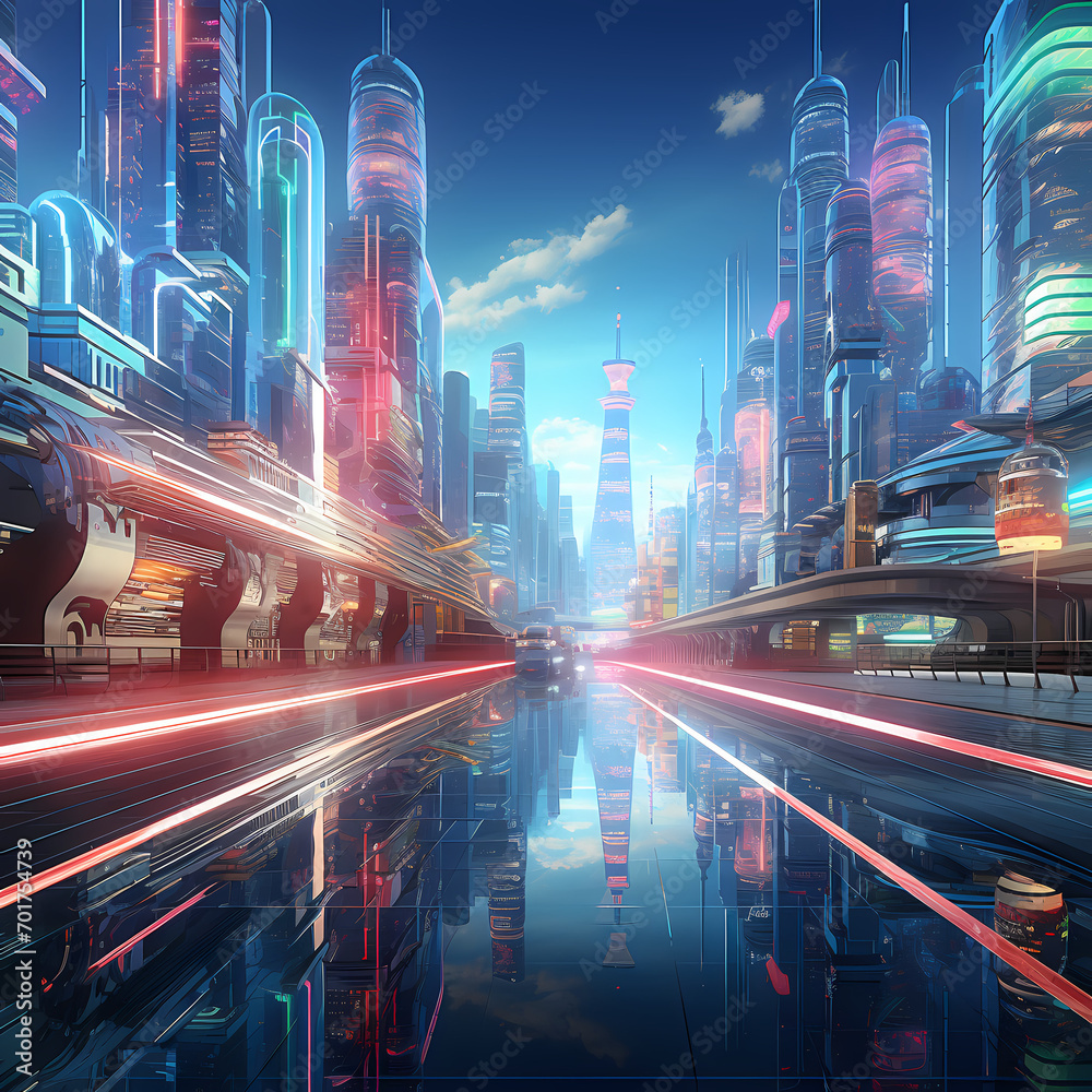 Futuristic city skyline with holographic billboards.