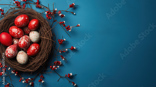 Happy Easter, eggs on blue background