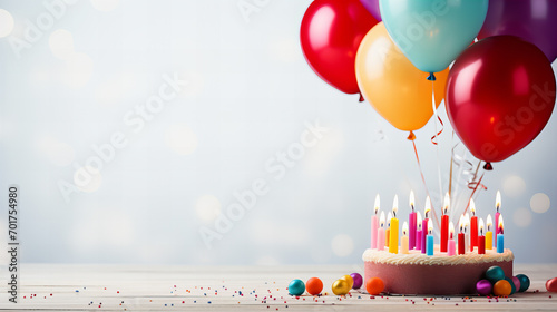 Birthday cake with candles and balloons, Colorful balloons on white background, Festive card for birthday party, anniversary, new year, Christmas or other events, Holiday background, Copy space
