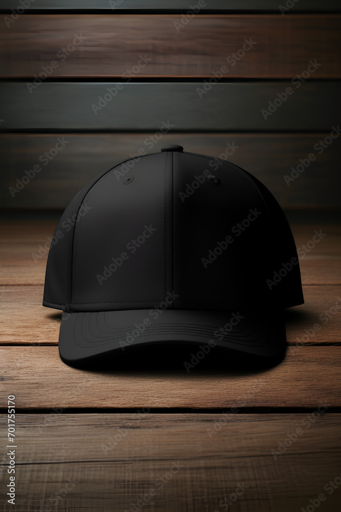 Black cap baseball hat mockup on the wooden table Black cap baseball hat mockup on the wooden table