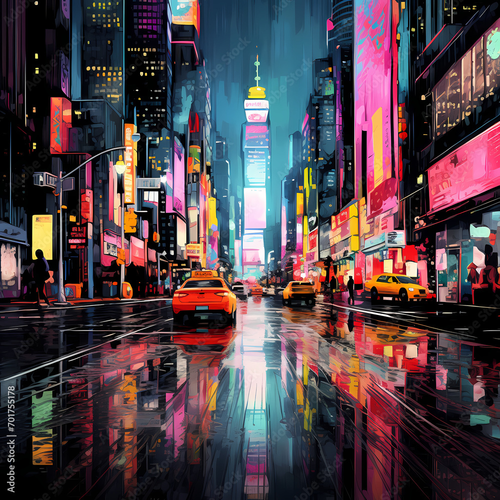 Monochrome cityscape with pops of neon color.