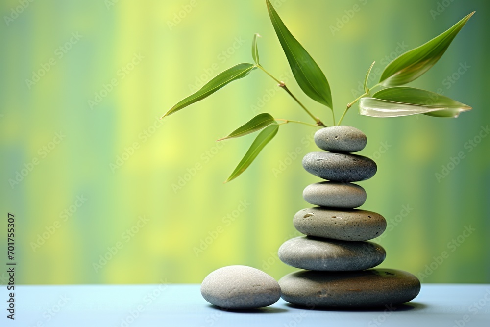 perfectly balanced stacked stones set against a light green background perfectly balanced stacked stones set against a light green background