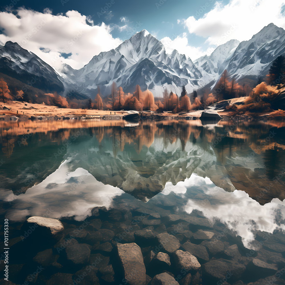 A majestic mountain range reflected in a crystal-clear lake.
