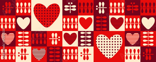 Romantic mug pattern with striped and dotted hearts. Checkered print for cup, mug, postcard, sticker, banner. Retro vector illustration.