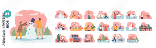 Isolated Elements with Children Enjoying Wintertime Activities. Kids Making Snowman, Gliding On Ice Rink, Vector Set