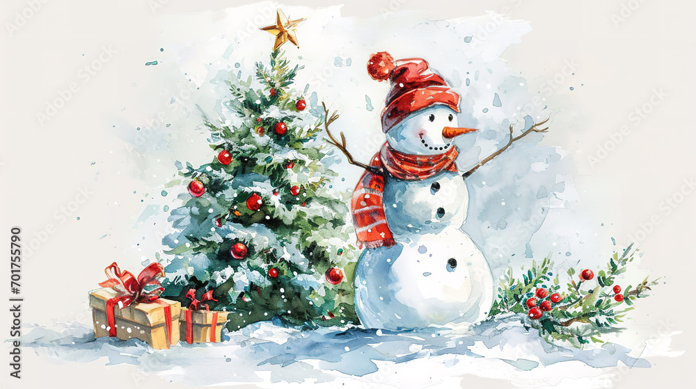 Obraz premium Snowman with a Christmas tree, watercolor