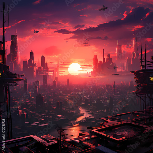 Cyberpunk cityscape at sunset.