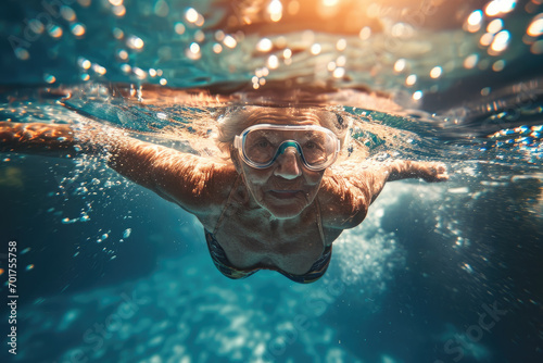 a senior woman swimming underwater of a swimming pool