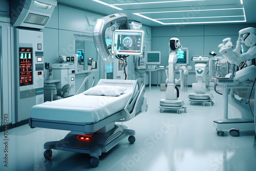Futuristic hospital room with high tech medical equipment - AI-Driven Medical Facility: Robotic Surgery Suite with Smart Equipment