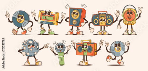 Audio Technique Characters In Cartoon Retro Style. Dynamics, Tape And Recorder, Microphone, Player And Disco Ball