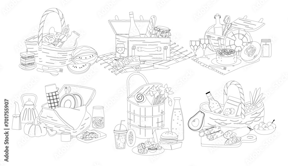 Set of Picnic Baskets With Products Isolated Outline Icons, Wicker Bags For Outdoor Gatherings, Filled with Tasty Treats