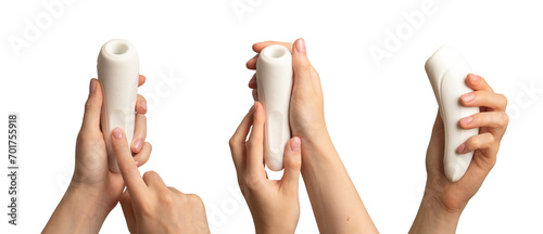 Women hand holding sex toy, masturbating item set, isolated on white photo