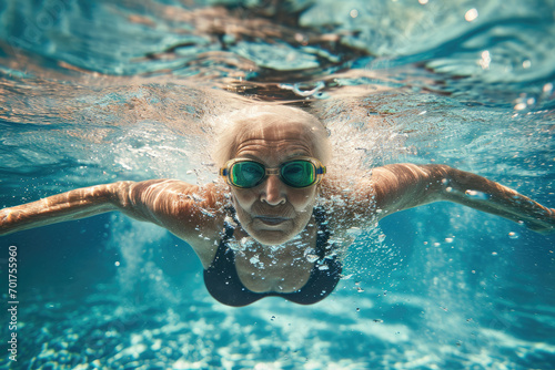 a senior woman swimming underwater of a swimming pool