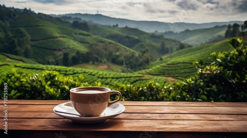 a cup of tea on a wooden table against the background of tea plantations