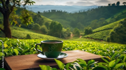 a cup of tea on a wooden table against the background of tea plantations