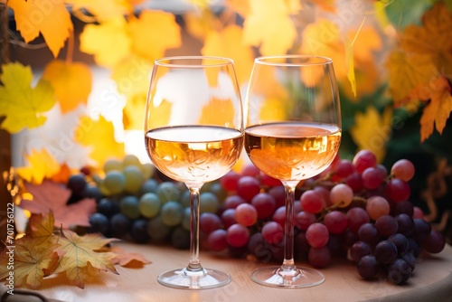 two glasses of wine set against a backdrop of colorful grape leaves