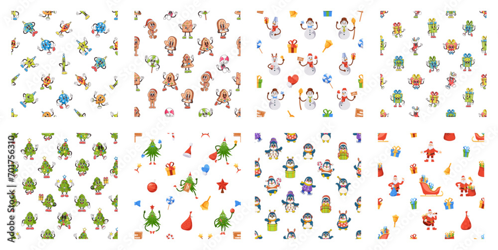 Seamless Christmas Patterns Set. Cartoon Vector Tile Backgrounds with Funny Illustrations of Snowmen, Holiday Trees