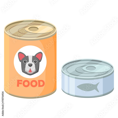 Tuna tin can.Dog food package. Animal feed.Pet shop. Canned wet food.Cartoon drawing of pet food.Preserve canned fish.Pet products.Vector flat illustration.