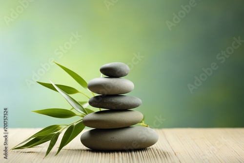 perfectly balanced stacked stones set against a light green background