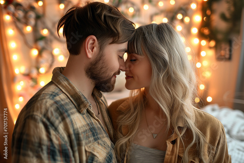 couple kissing in the bedroom with many lights