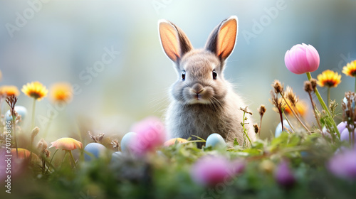 happy easter day poster template with a background of colorful eggs and rabbits in the meadow 