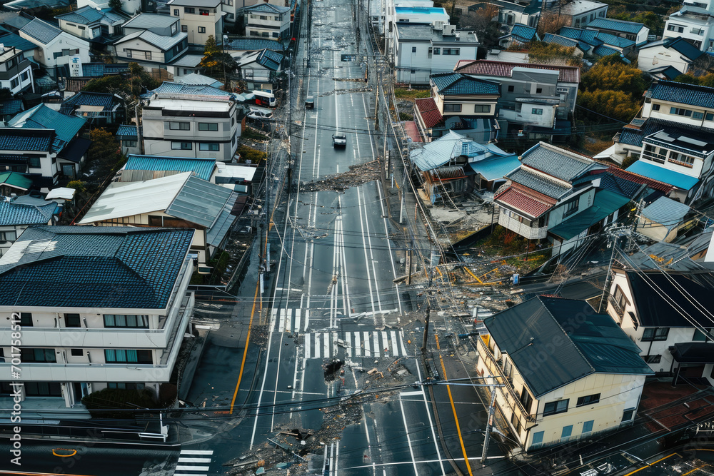 aerial view of Japan streets after an earthquake