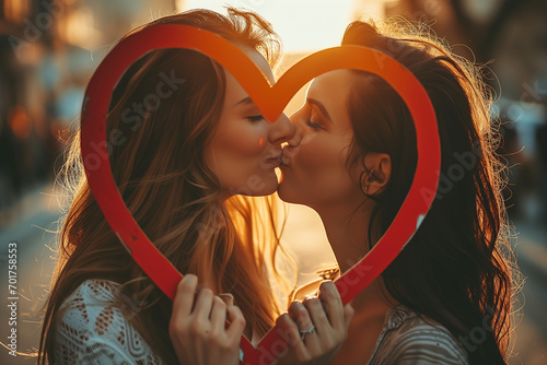 lesbian couple holding a heart-shaped frame and kissing each other outdoor photo