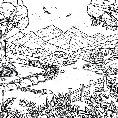 Natural scenary coloring book black and white. environment vector drawing
