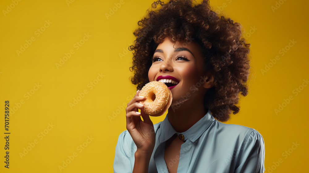 african american woman holding eating donut isolated on yellow background, junk unhealthy food diet concept copy space, Valentine day, sweet tasty life, Valentine day, International Women day, 8 March african american woman holding eating donut isolated on yellow background, junk unhealthy food diet concept copy space, Valentine day, sweet tasty life, Valentine day, International Women day, 8 March