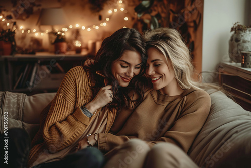 female couple sitting on sofa at home and cuddling