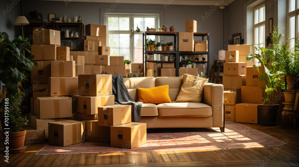 A Stack of Cardboard Boxes Holding Household Belongings and Potted Home Plants on the Floor in a Modern Living Room. Symbolizing the Stages of Moving to a New Home, Relocation, Renovation, Homestaging A Stack of Cardboard Boxes Holding Household Belongings and Potted Home Plants on the Floor in a Modern Living Room. Symbolizing the Stages of Moving to a New Home, Relocation, Renovation, Homestaging
