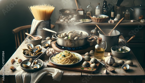 A long shot of a food photography scene for spaghetti with clam sauce, styled in the manner of David Loftus. The setting is a rustic kitchen