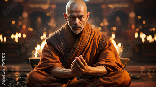 A Shaolin Warrior Monk Sits Cross-Legged, Mastering the Art of Kung Fu Inside the Serene Ambiance of a Temple, Embodying Discipline and Spiritual Strength