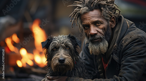 Portrait of an Elderly African American Homeless Man Sitting on the Street, Sharing His Meal with His Hungry Dog, Depicting the Harsh Realities of Poverty, Misery, Homelessness, and the Need for Socia