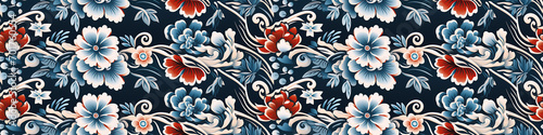 traditional ethnic oriental asian japanese floral seamless pattern with flowers on red blue background