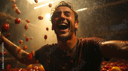 La Tomatina Festival, Young and Spirited, Joyfully Throwing Tomatoes in the Traditional Celebration at Bunol, Valencia, Spain photo