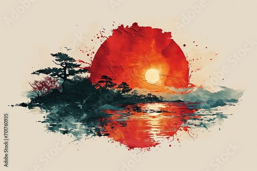 The picture of japanese flag with red sun on white background photo