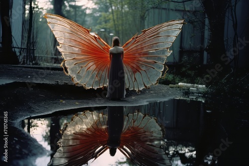 A scene depicting a character looking at their reflection, focusing on their altered wings. © Oleksandr