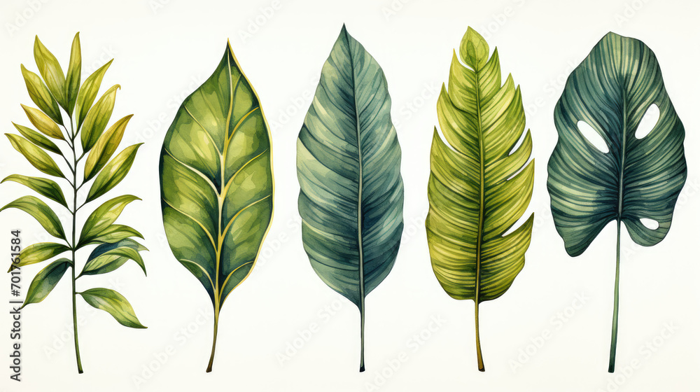 Tropical palm leaves set on white background. Watercolor hand-painted, summer clipart