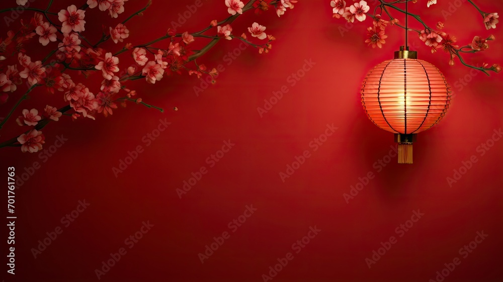 on a red background a paper lantern decoration with a space for text, copy space - generative ai on a red background a paper lantern decoration with a space for text, copy space - generative ai