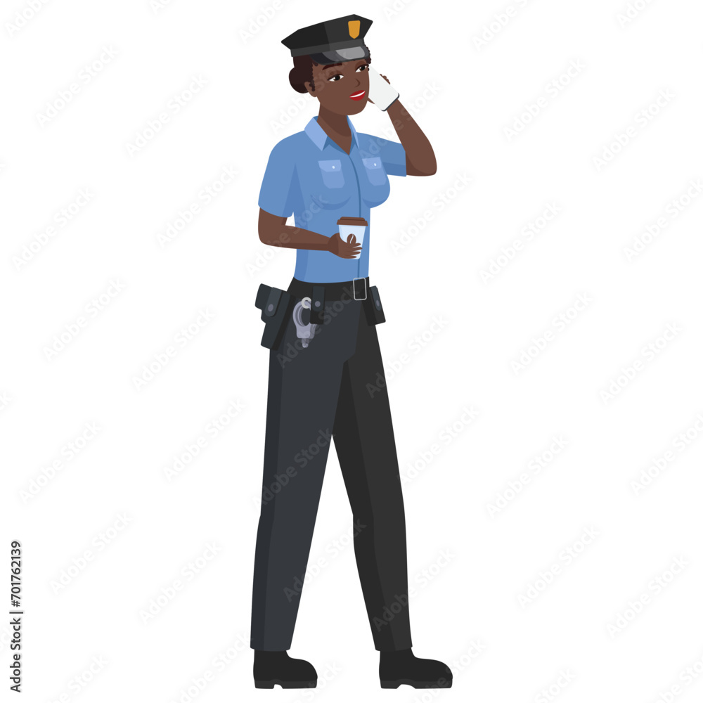 Black female police officer with coffee. Woman police officer talking on phone cartoon vector illustration