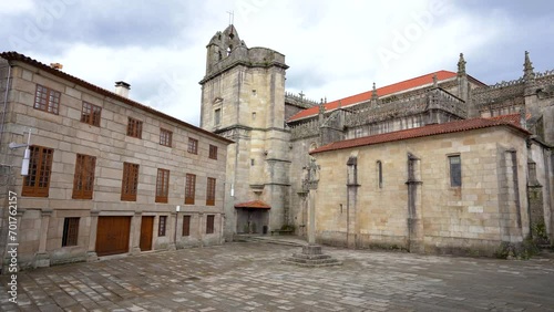 View of Cathedral of Pontevedra - Basilica of Saint Mary Major. Is a catholic church, dating from the 16th century. View of Alonso de Fonseca Square. Stabilized static video photo