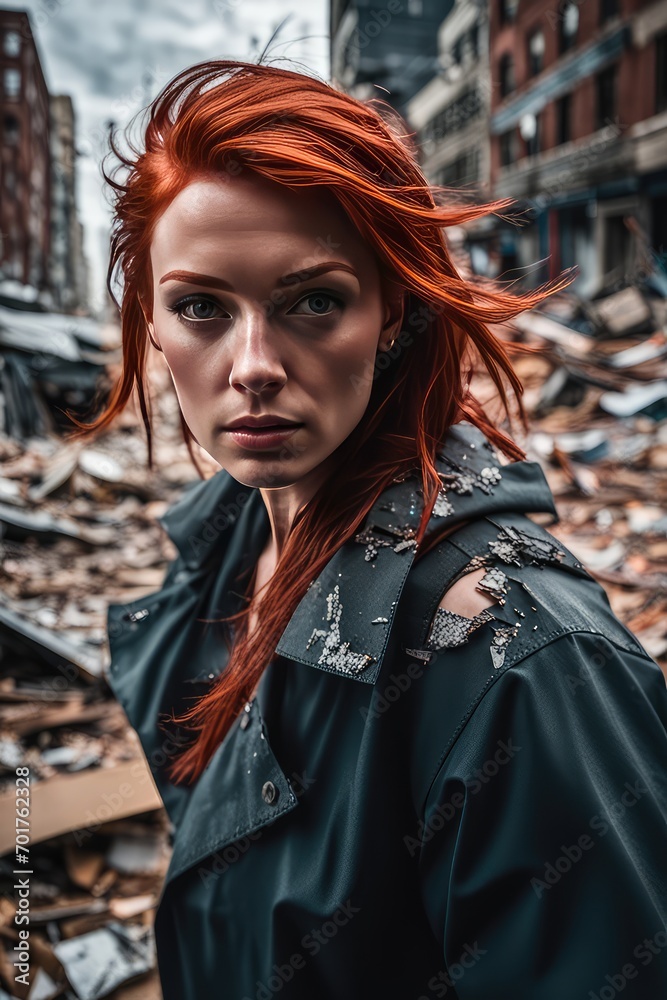 a girl with red hair who survived a natural disaster. Portrait of a young woman at the site of a natural disaster. Hurricane. Tornado. Tsunami. Earthquake.