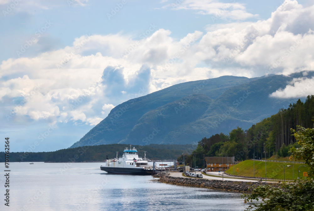 Car ferry docked on the island of Aukra in Norway, linking to the mainland across the Molde Fjord