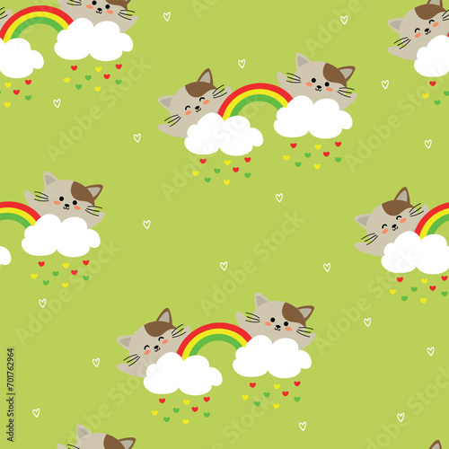 Seamless pattern cartoon cat and sky element. cute animal wallpaper for textile, gift wrap paper
