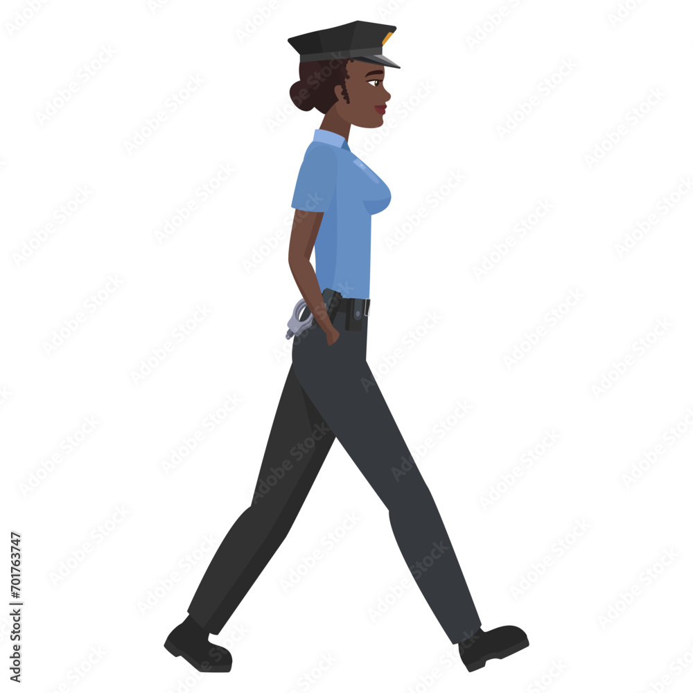 Side view of walking black police woman. Female police officer cartoon vector illustration