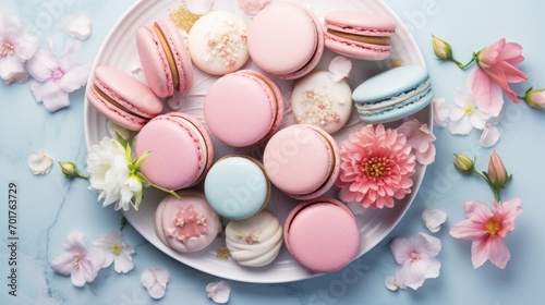 a white plate topped with macaroons next to pink flowers and a pink flower on a blue tablecloth.