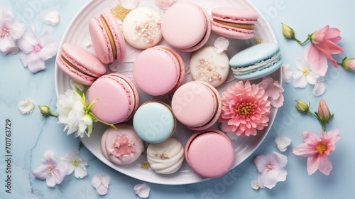  a white plate topped with macaroons next to pink flowers and a pink flower on a blue tablecloth.