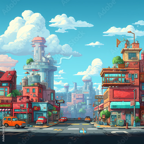 Pixel art cityscape with retro game characters.